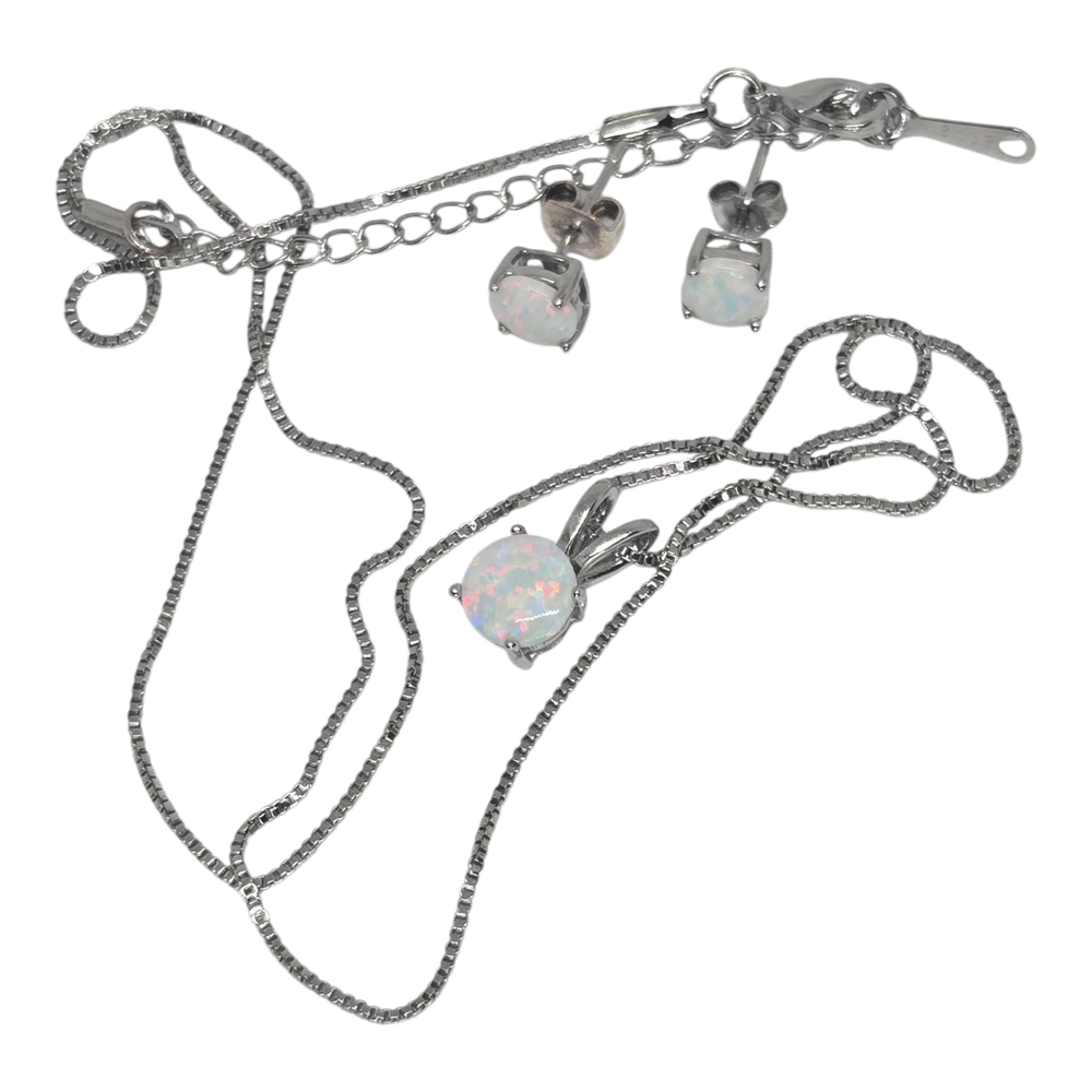 925 Sterling Silver Opal Pendant Necklace and Stud Earrings Set  White Opal Like